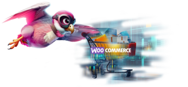 Rapyd's Fleet: The E-Commerce Pilot - Rapyd Cloud Blog Fleet is flying a virtual shopping cart with the WooCommerce logo, filled with digital products, showcasing a boost in sales with Rapyd hosting.