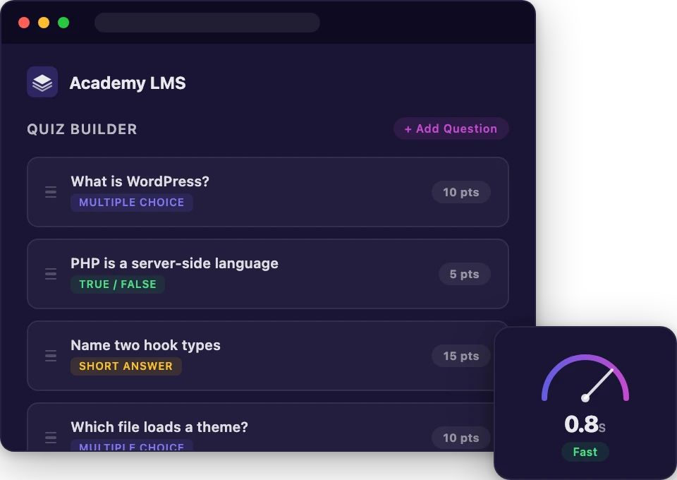 Academy LMS hosting dashboard with course catalog and speed gauge