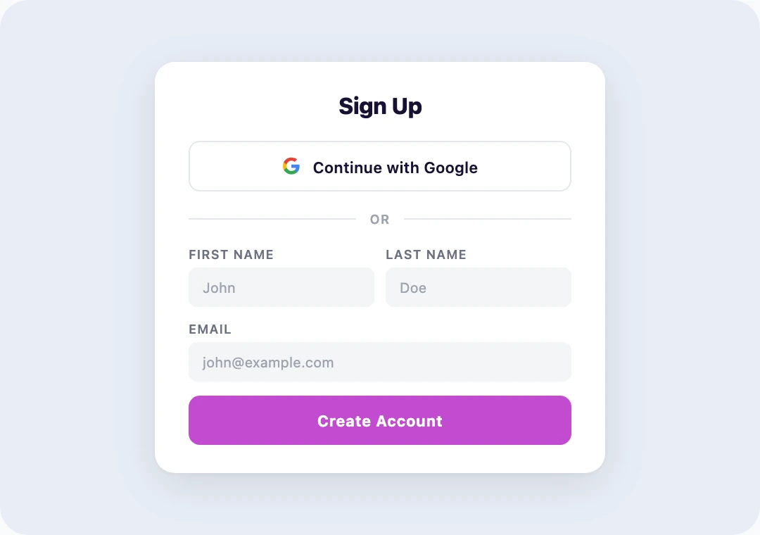 Affiliate signup form with Continue with Google option and name/email fields