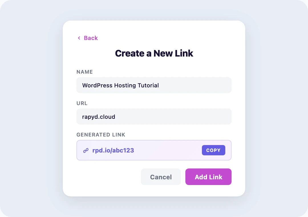 Create a new affiliate link form with name, URL, and generated tracking link