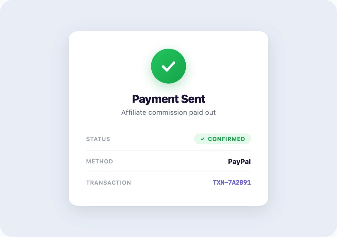 Payment Sent confirmation showing Confirmed status, PayPal method, and transaction ID