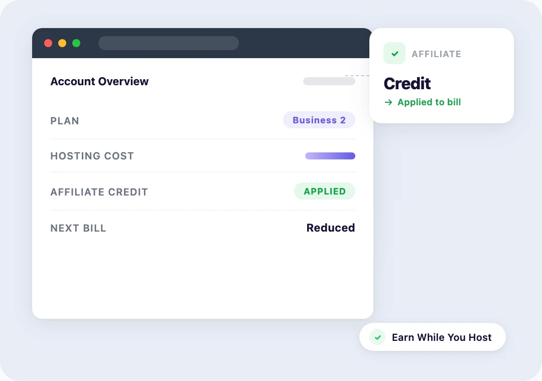 Account dashboard showing affiliate credit applied to next bill
