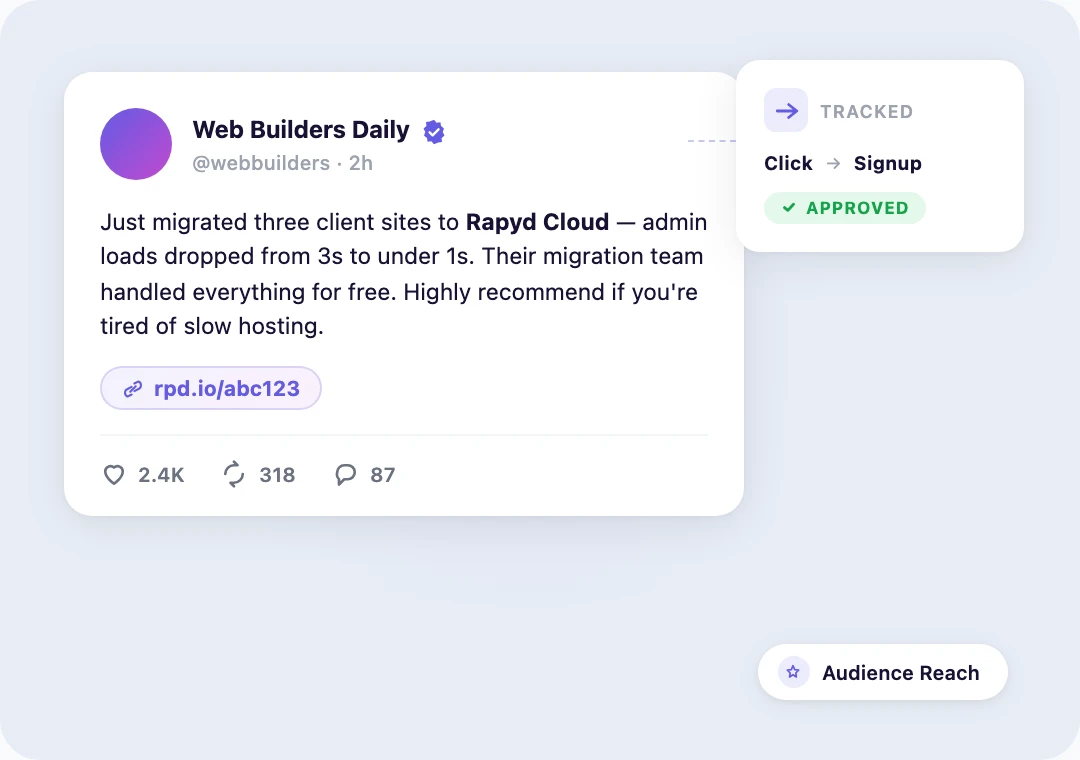 Social media post recommending Rapyd Cloud with a tracked affiliate link and engagement stats