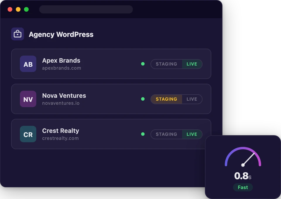 Agency WordPress hosting dashboard with multi-site overview and speed gauge
