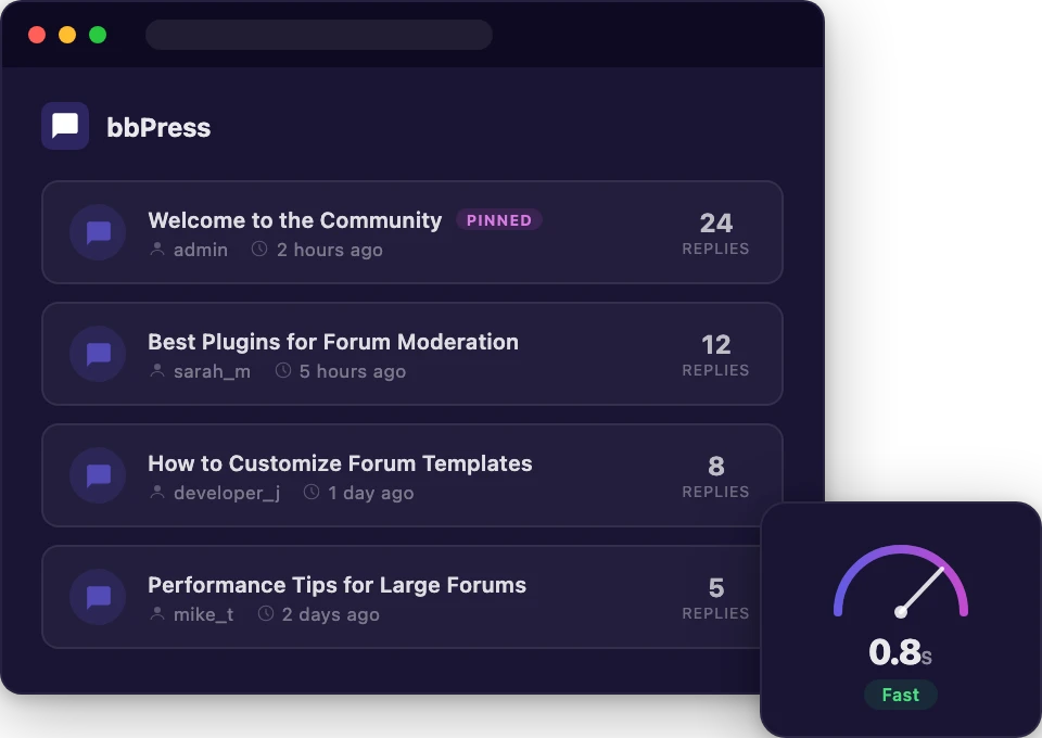 bbPress forum hosting dashboard with topic listing and speed gauge