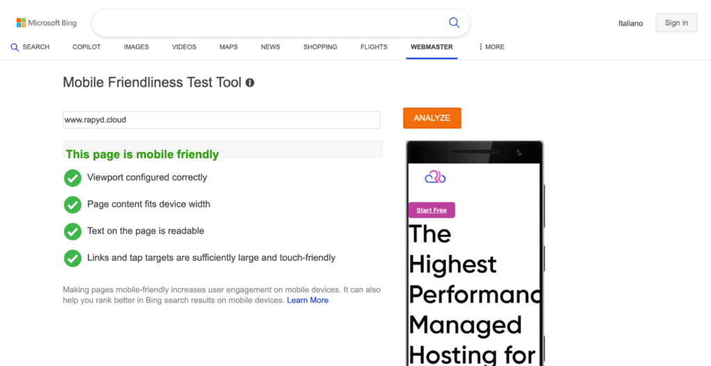 Microsoft Bing Mobile Friendliness Test Tool