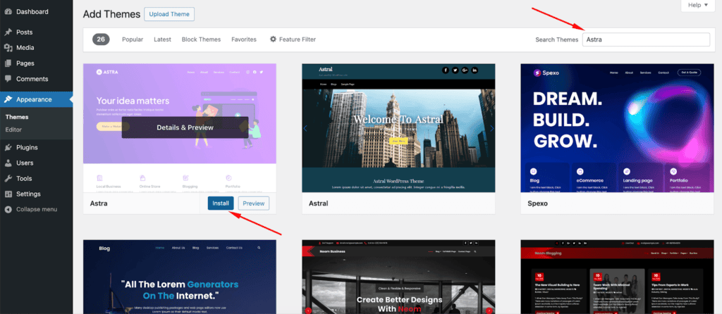 Search Themes on WordPress