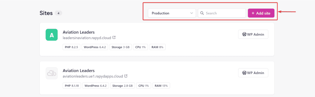 Add a Site on Rapyd Cloud