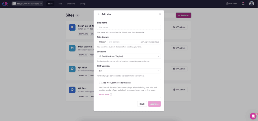 Site Details on Rapyd Cloud