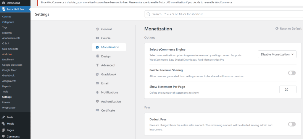 Settings on Tutor LMS