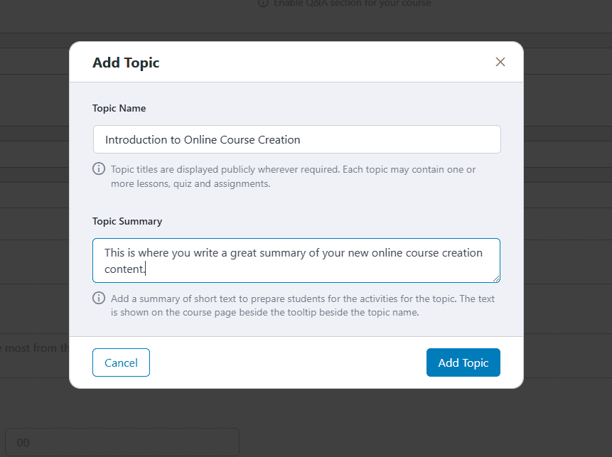Add Topic on Tutor LMS
