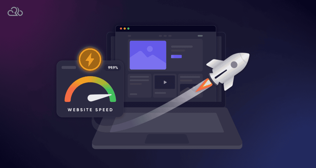 A visual of a speedometer-style gauge showing a high-performance website loading smoothly on a screen