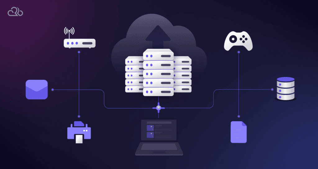 A clean visual of interconnected servers and data flows, symbolizing speed, reliability, and scalability