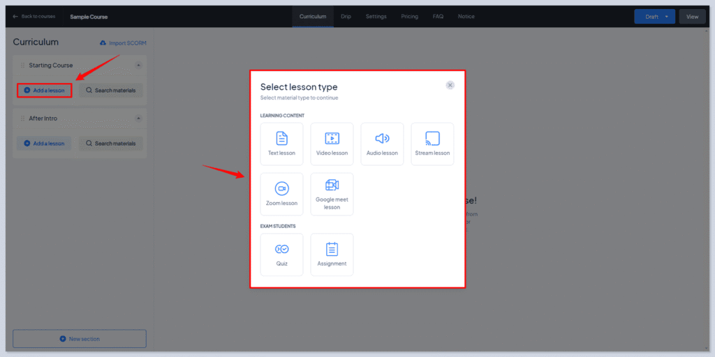 Select Lesson Type