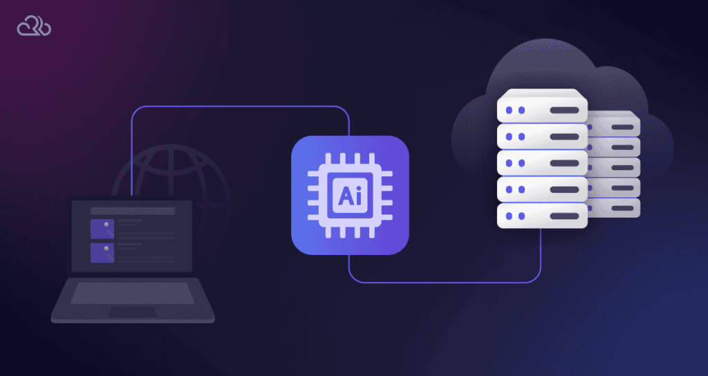 An illustration of web hosting servers connecting a Laptop, with the text AI in the middle