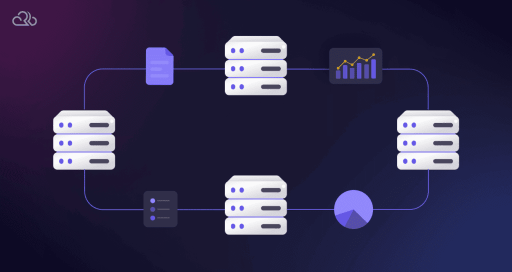 Multiple severs connected with lines, with data flowing between them