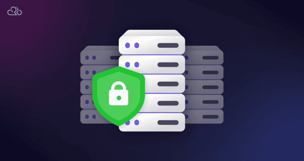 A shield icon over a server with a lock symbol to represent security