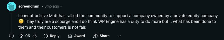 Reddit Comment talking about Matt Mullenweg vs WP Engine Saga
