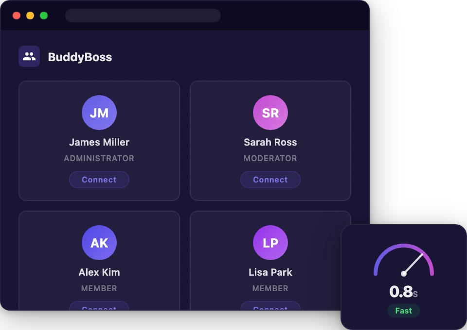 BuddyBoss community hosting dashboard with activity feed and speed gauge