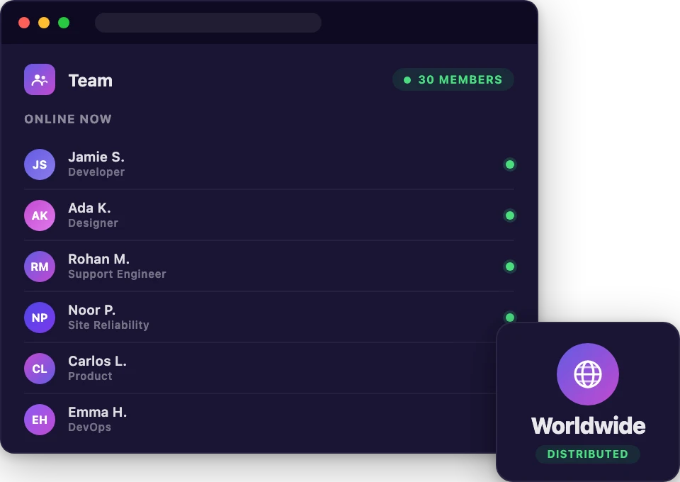 Dark-mode Team page showing Rapyd Cloud team members with avatars and roles — Developer, Designer, Support Engineer, Site Reliability, Product, DevOps — alongside a Worldwide / Distributed badge