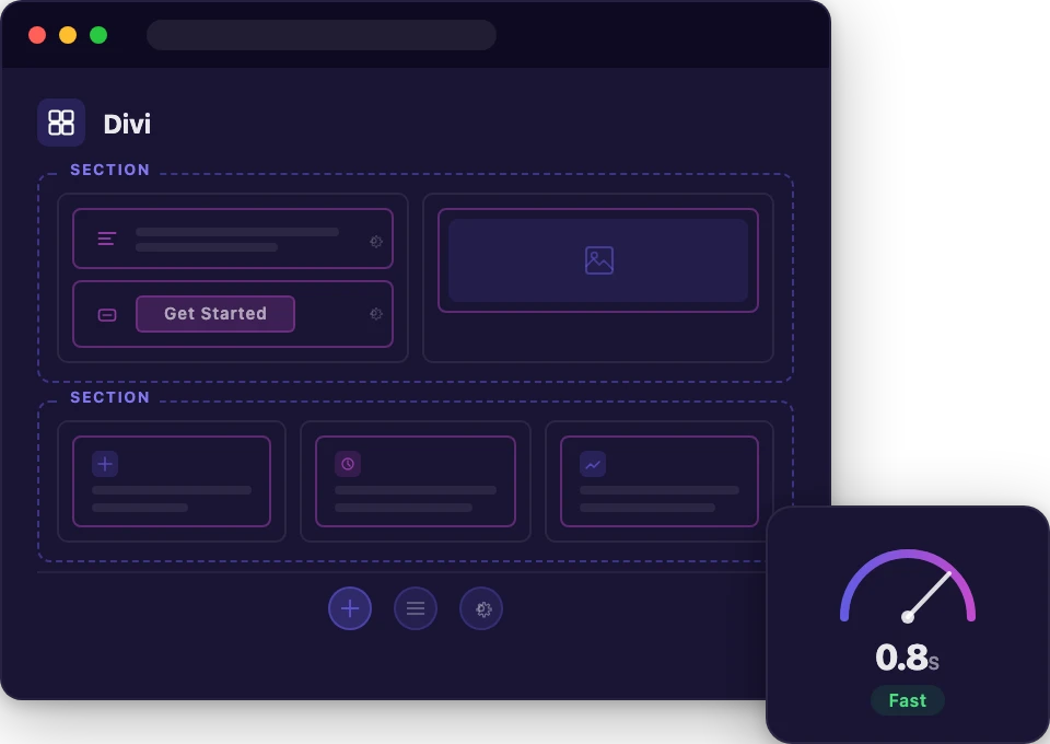 Divi hosting dashboard with visual builder interface and speed gauge
