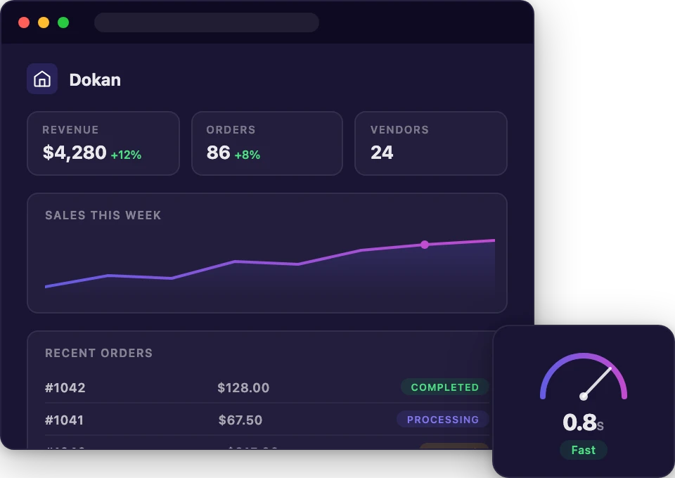 Dokan marketplace hosting dashboard with vendor listings and speed gauge