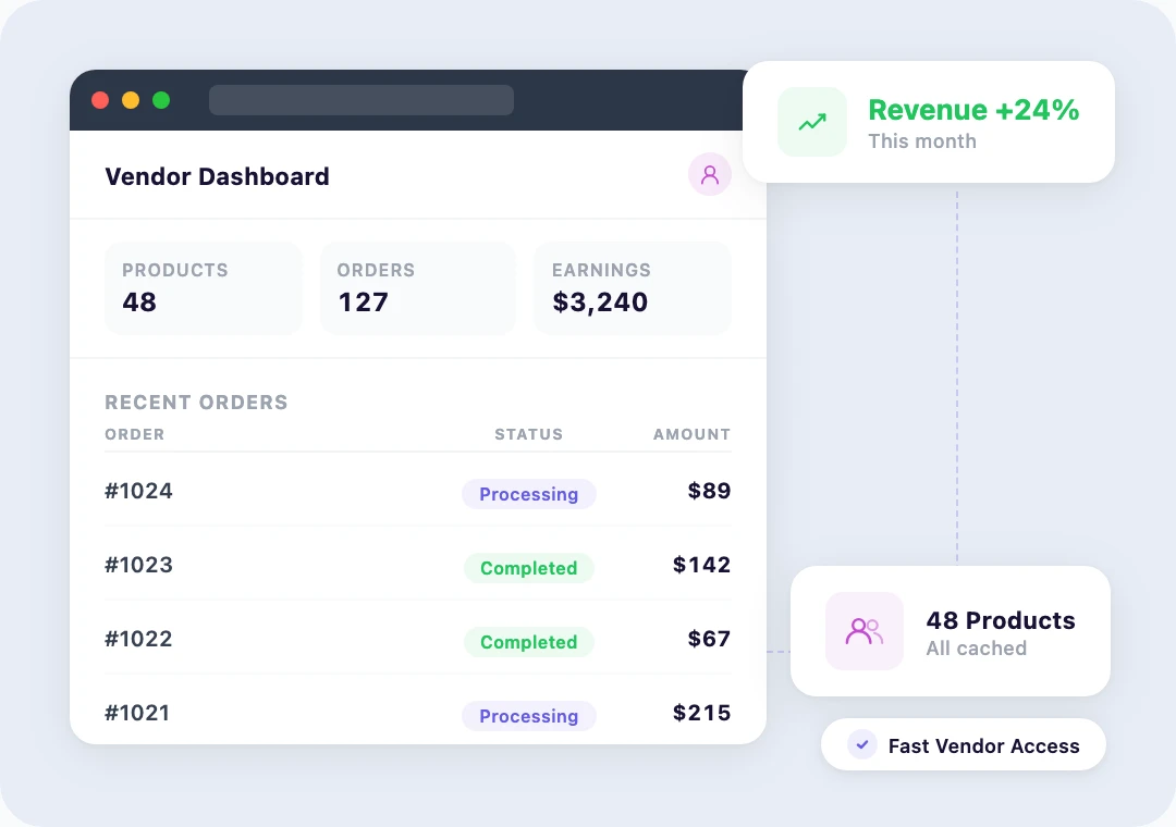 Vendor dashboard showing product listings, earnings, and order management with fast load times
