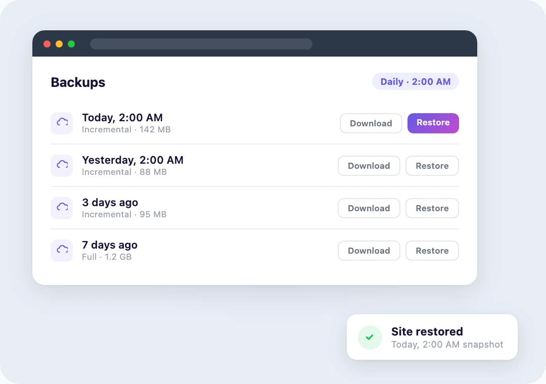 Backup panel listing daily snapshots with restore and download actions