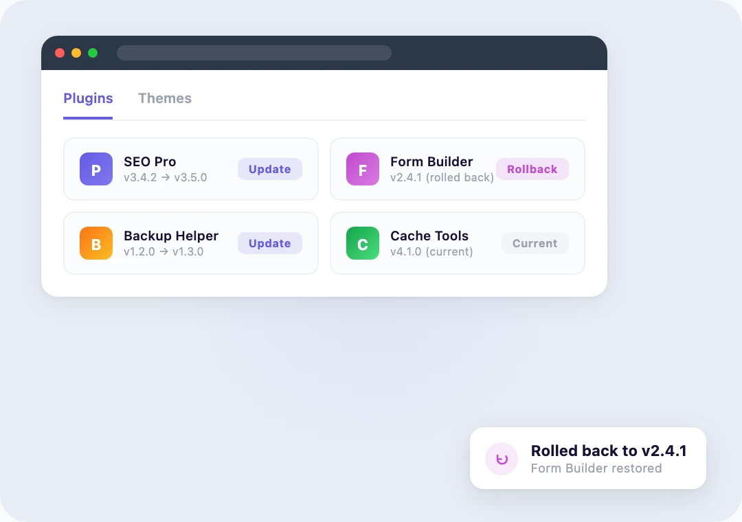 Plugin and theme list in the Rapyd dashboard with update and rollback buttons