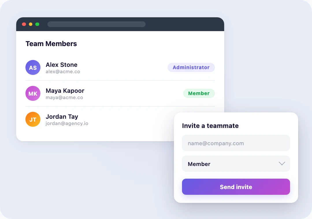 Team management panel with role dropdowns and pending invite status