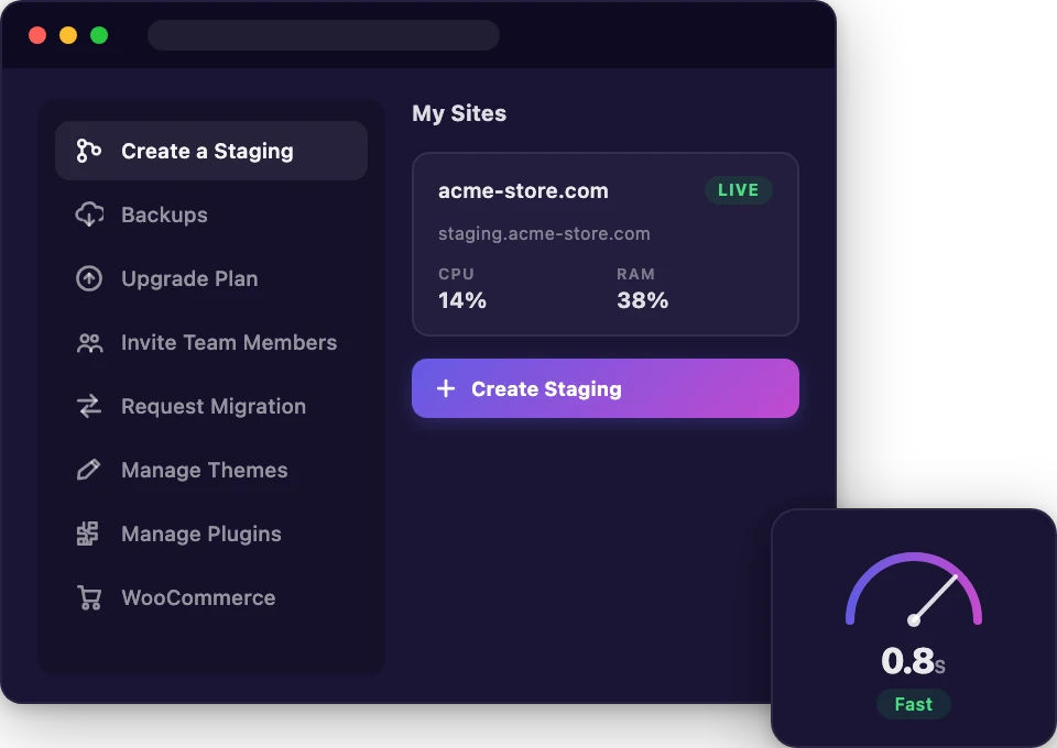 Rapyd Cloud dashboard with site list and one-click management actions