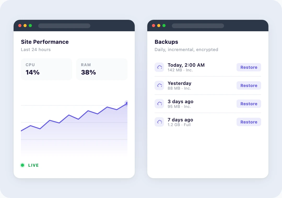 Live stats dashboard showing traffic and CPU graphs alongside a backup snapshot list