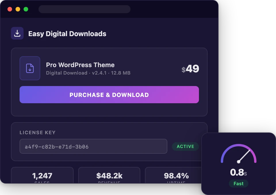 Easy Digital Downloads hosting dashboard with product catalog and speed gauge