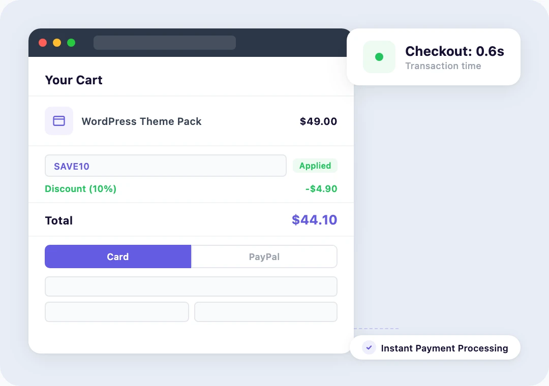 EDD checkout dashboard showing fast payment processing and order completion