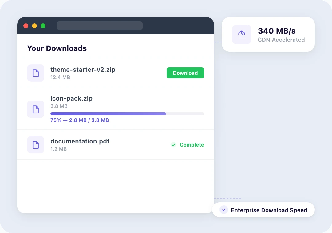File download progress showing fast delivery speeds for digital products