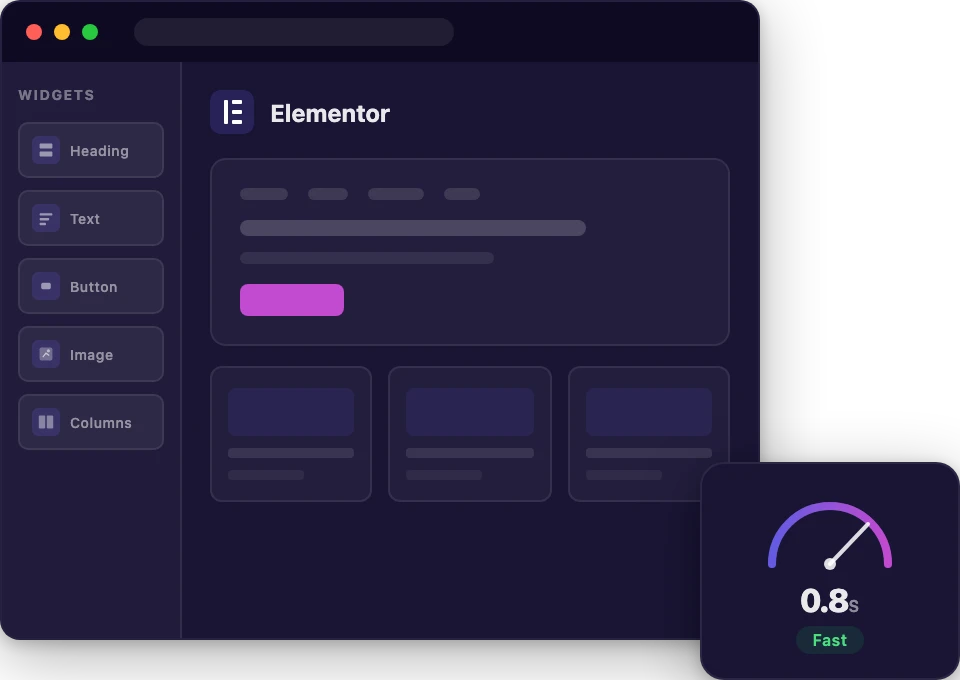 Elementor page builder hosting dashboard with drag-and-drop editor and speed gauge