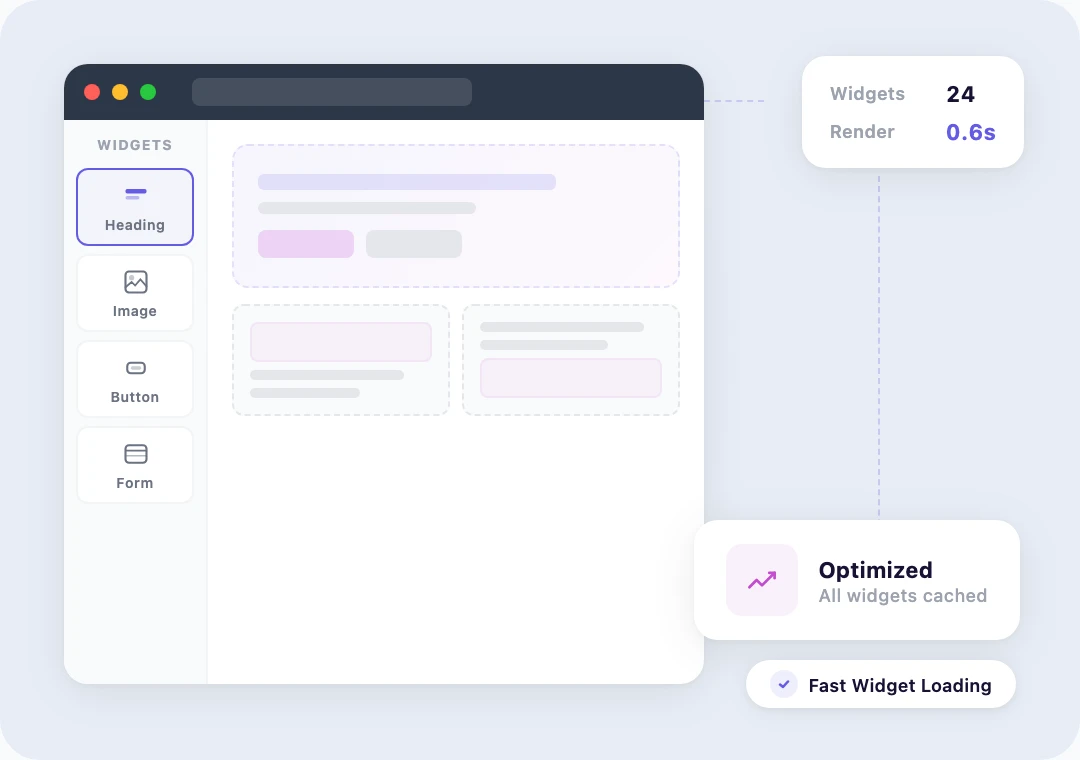 Elementor editor with multiple widgets loading quickly on optimized server