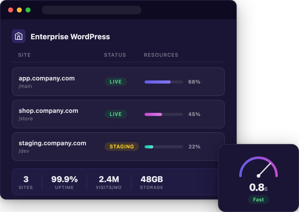 Enterprise WordPress hosting dashboard with server monitoring and speed gauge