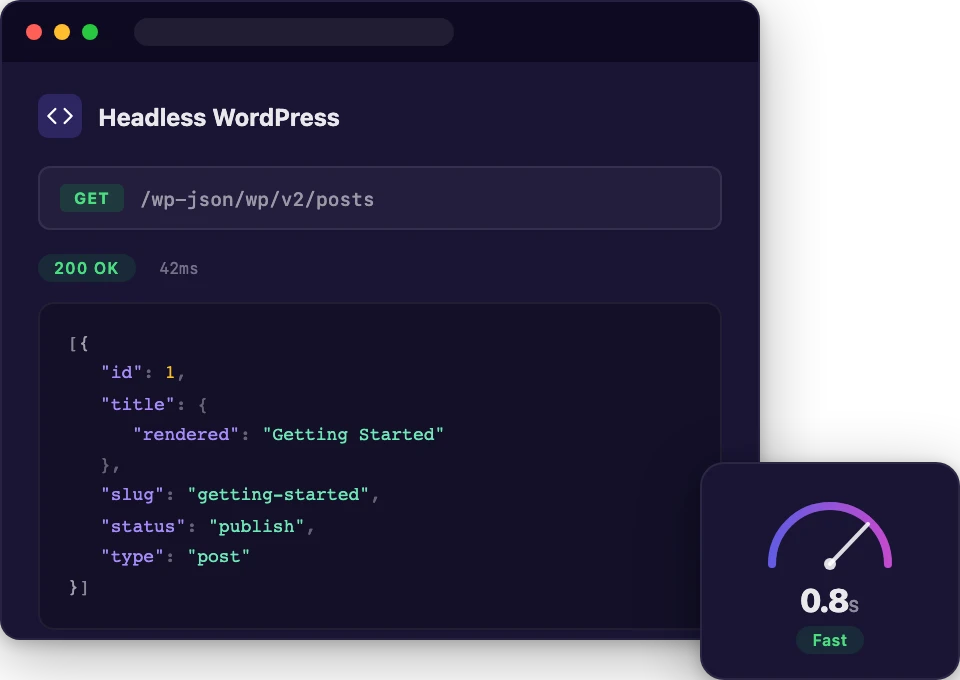 Headless WordPress hosting dashboard with API endpoints and speed gauge