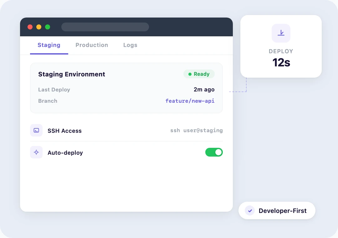Developer dashboard with staging environment, SSH access, and deployment tools