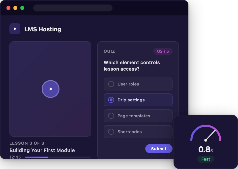 WordPress LMS hosting dashboard with course catalog and speed gauge