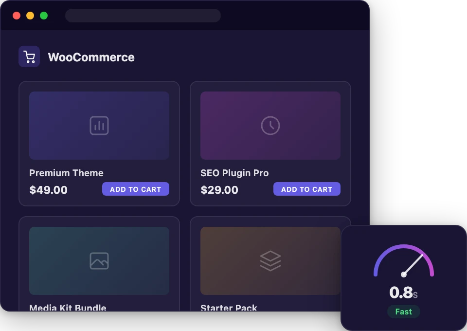 WooCommerce store dashboard with product catalog and speed gauge