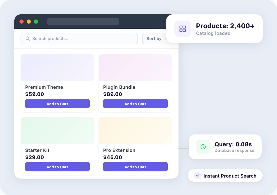 Product catalog grid with fast filtering, search results, and variable product options