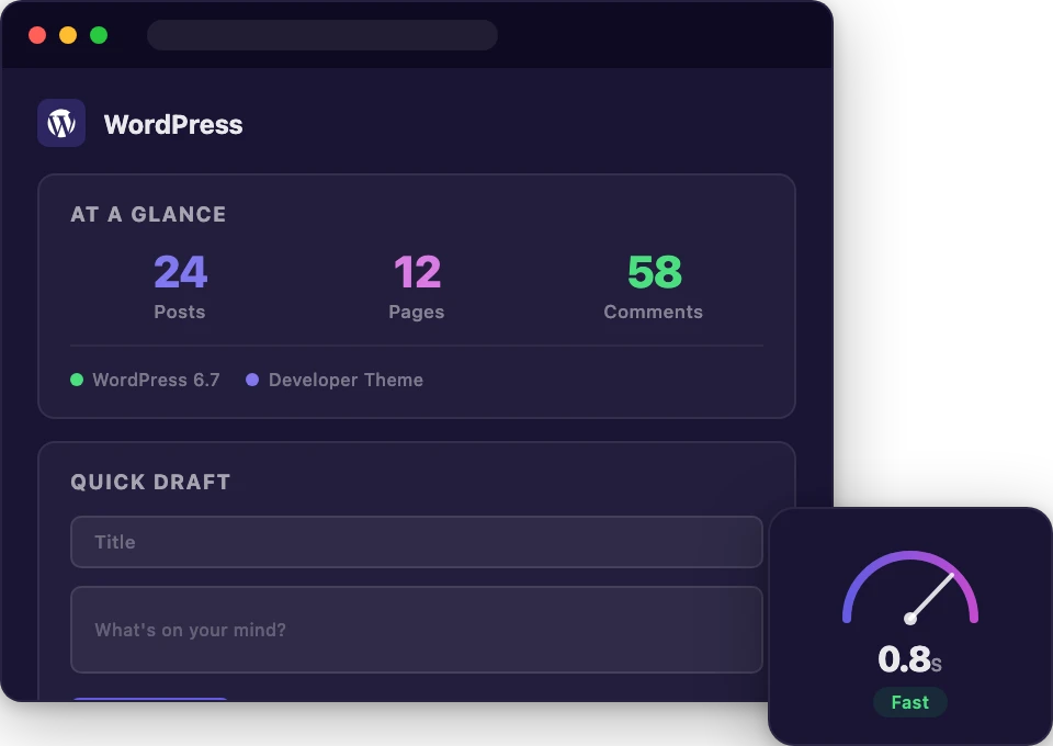 WordPress hosting dashboard with site overview and speed gauge