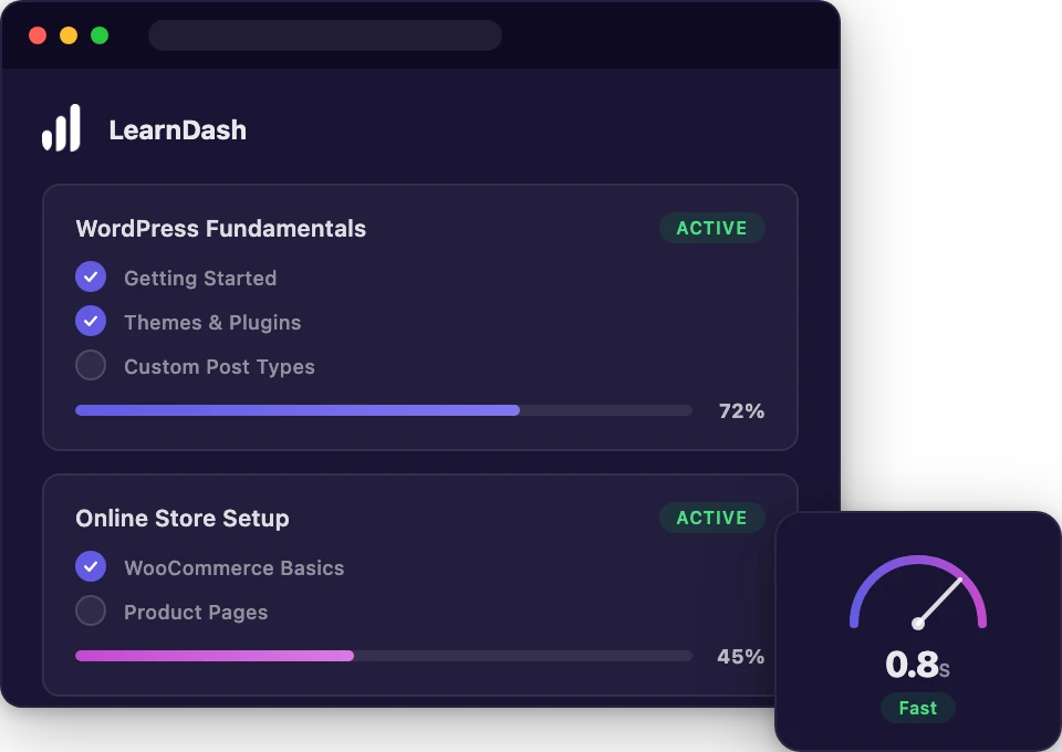 LearnDash LMS hosting dashboard with course catalog and speed gauge