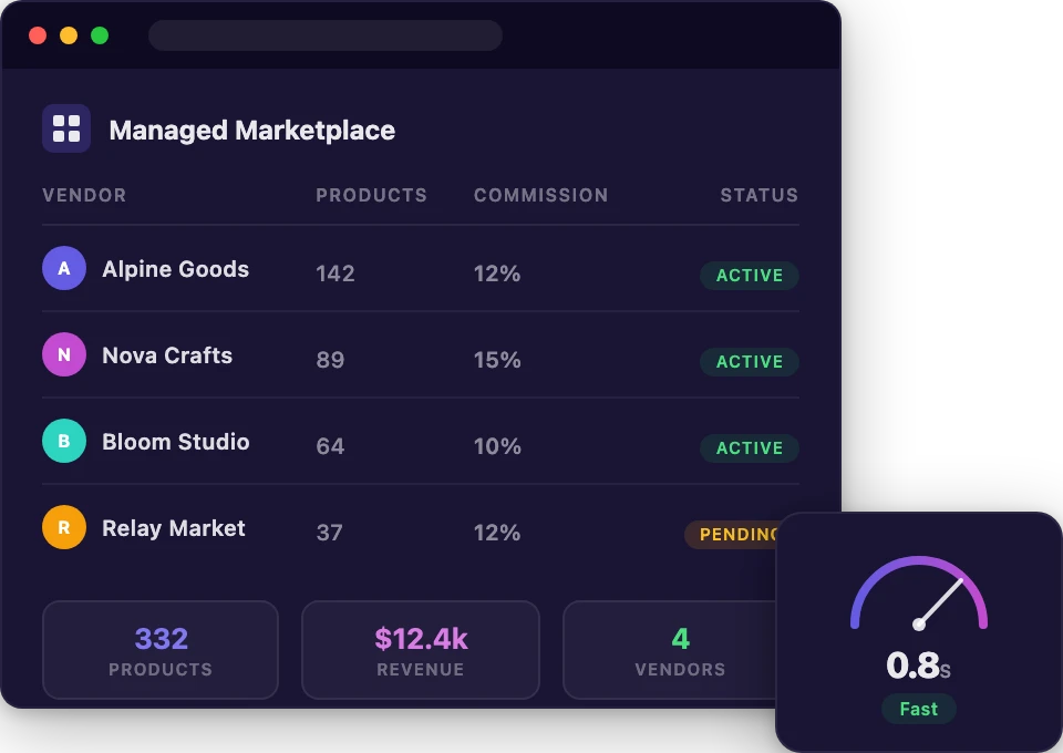 Multi-vendor marketplace hosting dashboard with vendor storefronts and speed gauge