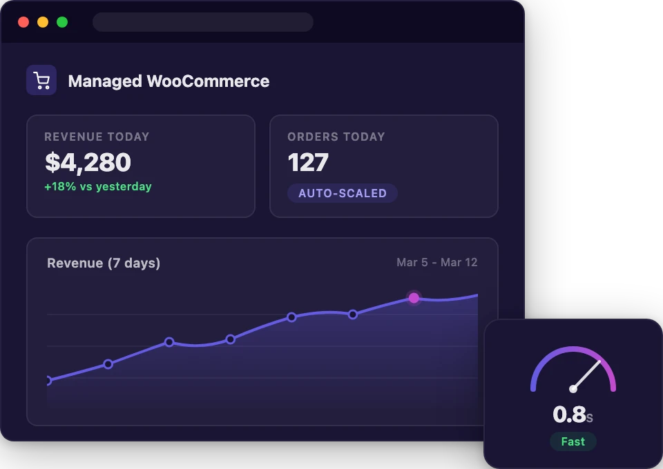 Managed WooCommerce hosting dashboard with store analytics and speed gauge