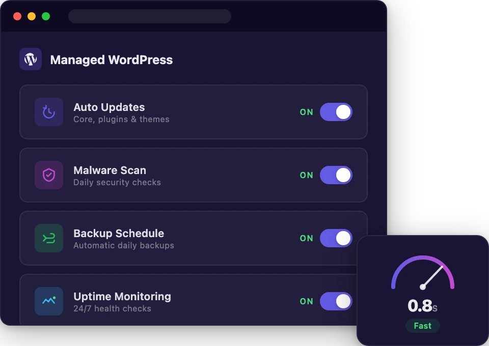 Managed WordPress hosting dashboard with server health metrics and speed gauge