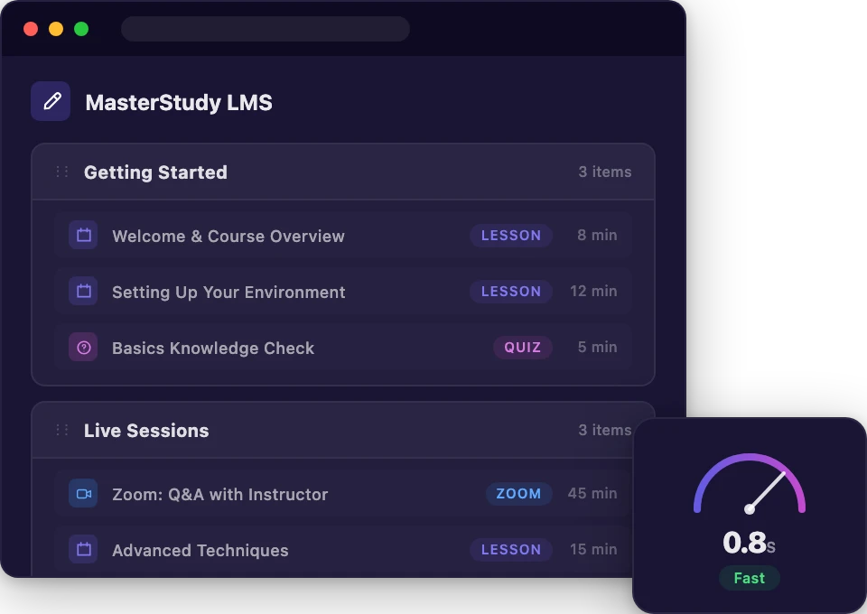 MasterStudy LMS hosting dashboard with course catalog and speed gauge