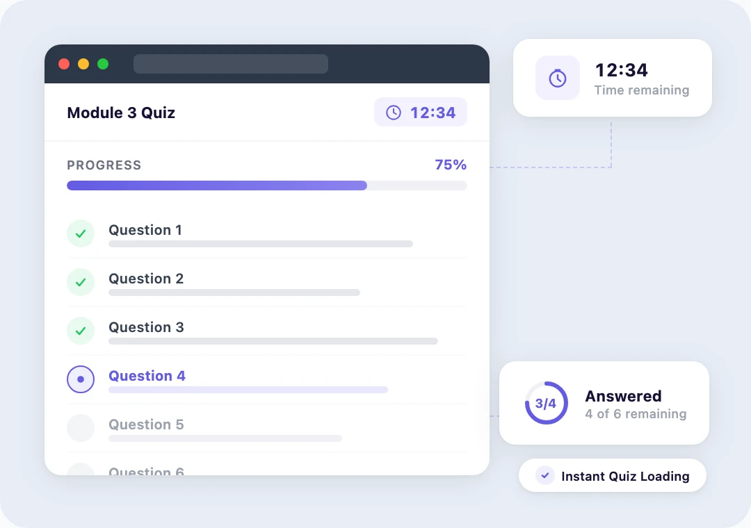 Quiz dashboard showing fast timer, progress tracking, and multiple question types